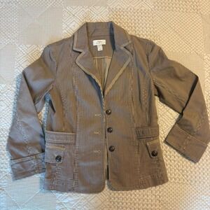 vintage brown blazer jacket with pinstripe detailing and button-up closure